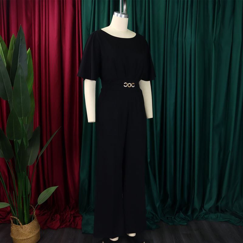 Roupas femininas moda verão feminina gola redonda cor sólida cintura alta tamanho grande perna larga macacão_voghion.com