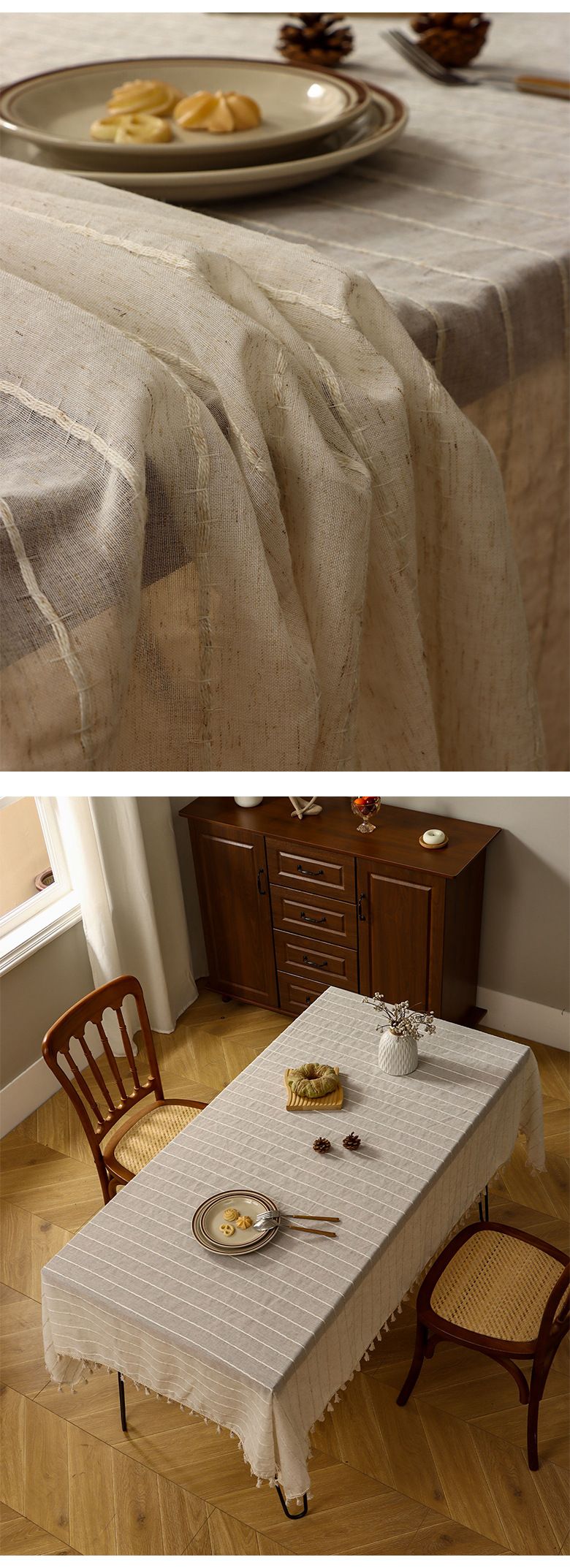 Gestreifte Leinentischdecke – Minimalistische Volltonfarbe mit Quasten für Esstisch- und Couchtischdekoration_voghion.com