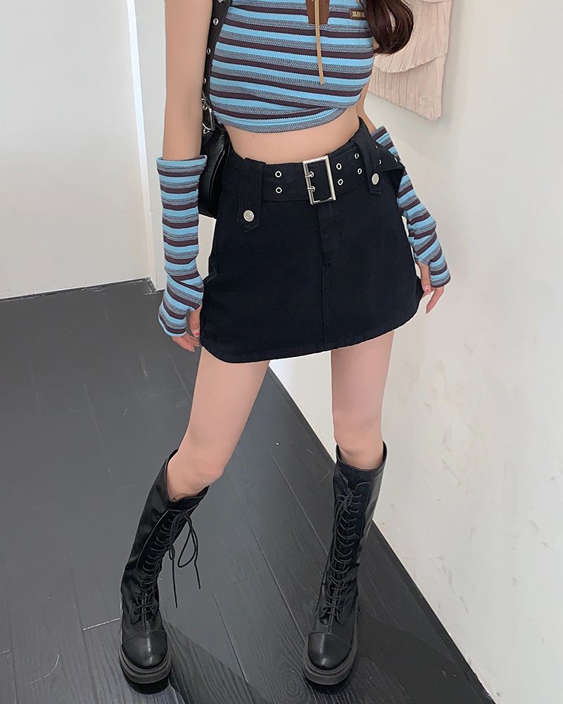 Spicy Girl Instagram Halbkörper-Denim im amerikanischen Stil für Damen, schwarzes modisches Blendschutz-Design, A-Linien-Wickel-Gesäß_voghion.com