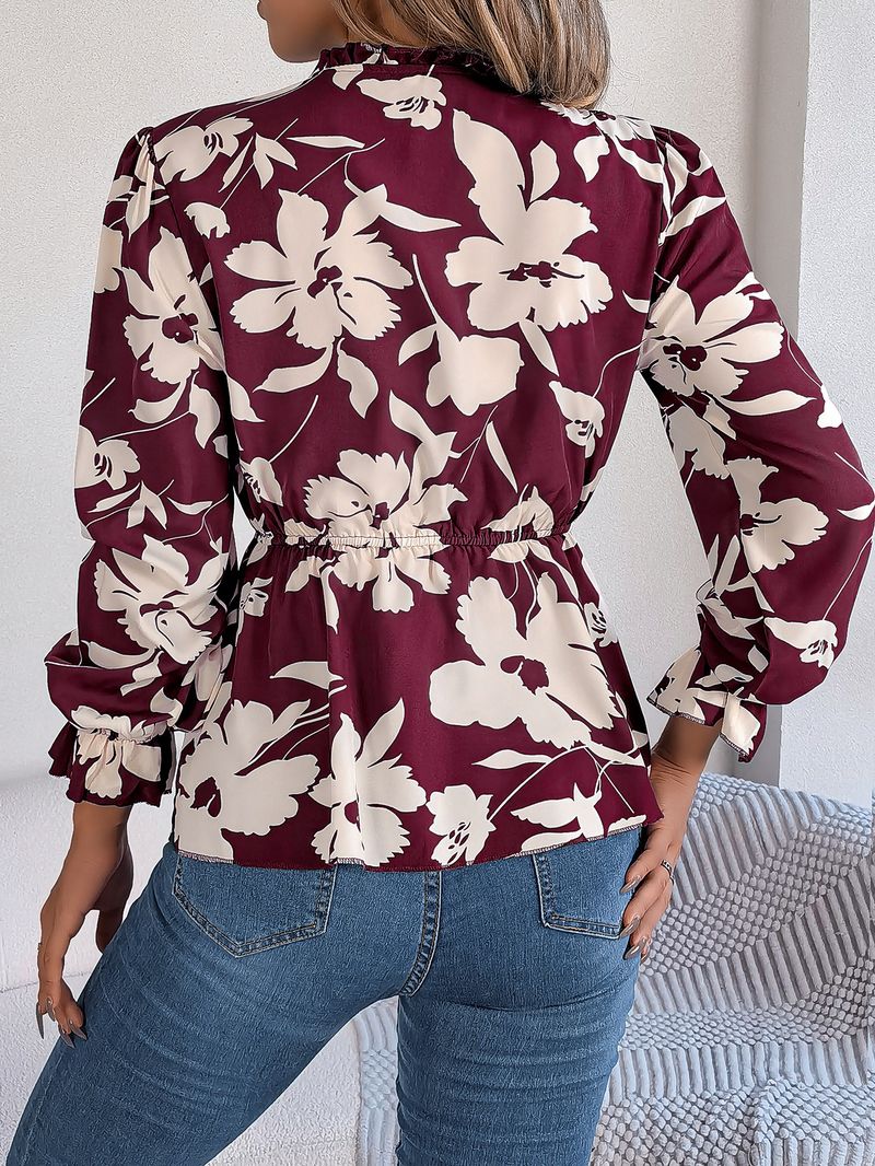 2025 herbst Winter Neue Casual Floral Lace-Up Langarm Chiffon Bluse frauen Mode_voghion.com