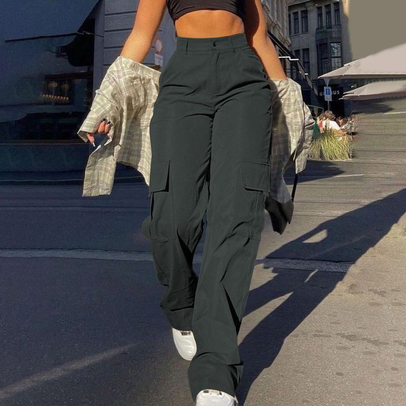 Roupas femininas Moda de rua Macacão com vários bolsos Calça reta Cintura alta Macacão solto slim_voghion.com