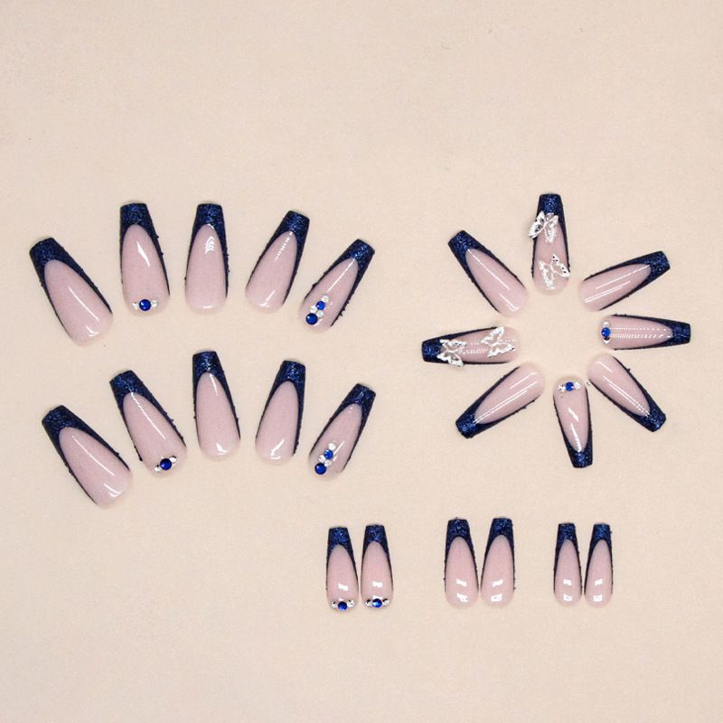 Unghie lunghe da balletto, brillantini, argento francese, farfalla blu zaffiro, punte per unghie indossabili, prodotto finito_voghion.com