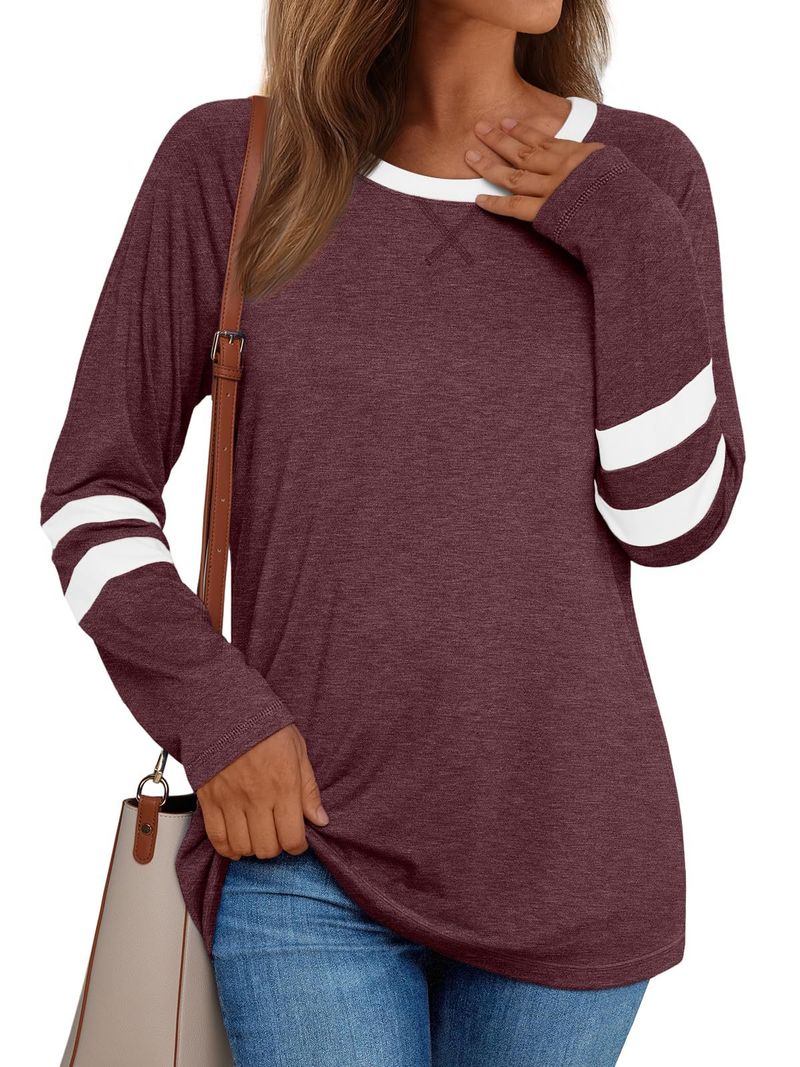 2025 Basic Shirt Color-Block Long Sleeve T-Shirt Loose Round Neck Top Women's Autumn Fashion_voghion.com