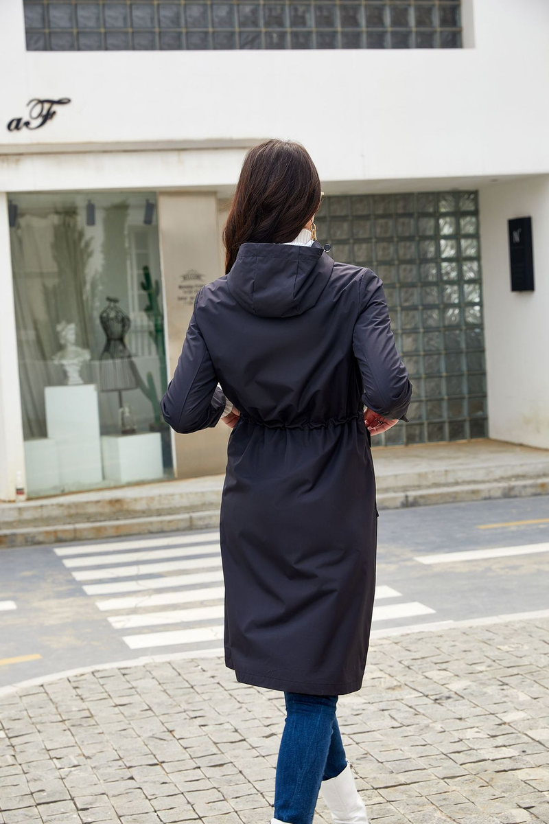 Trench casual da donna K Long con cappuccio, impermeabile, tinta unita con fodera a righe, cappotto dritto._voghion.com