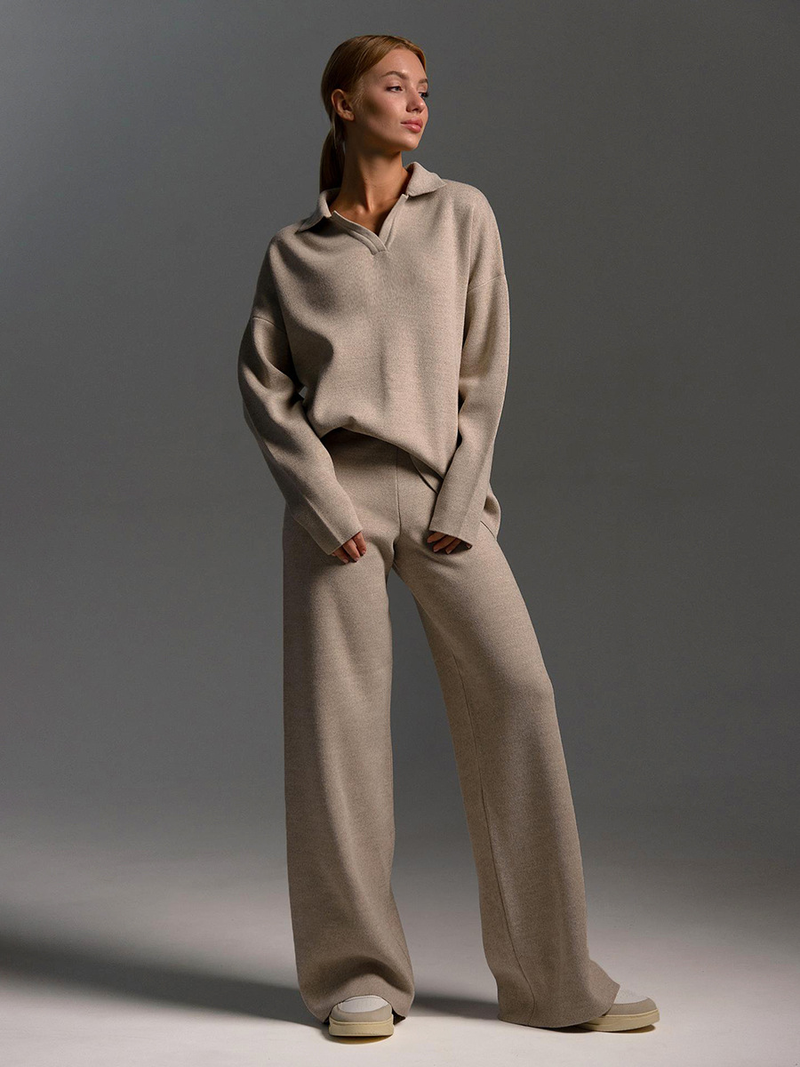 Damenbekleidung Strickanzug Herbst- und Winterpulloveranzug Strickpullover mit Polokragen + Hose mit weitem Bein, zweiteiliges Set_voghion.com