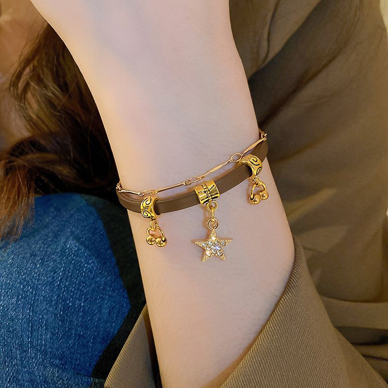 Mit Diamanten eingelegter Gürtel, Kette mit Sternglockenmuster, doppellagiges Armband, französisches Nischendesign, neues Armband für Damen_voghion.com
