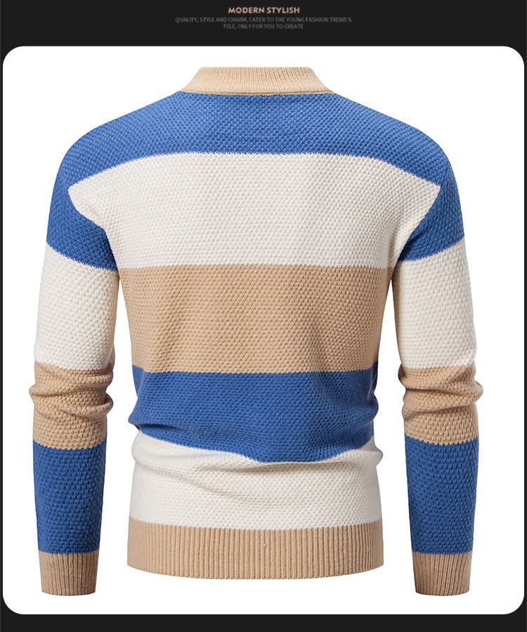 Maglione lavorato a maglia color-block da uomo con stemma ricamato, pullover invernale morbido e caldo, top casual ampio con scollo rotondo e maniche lunghe_voghion.com