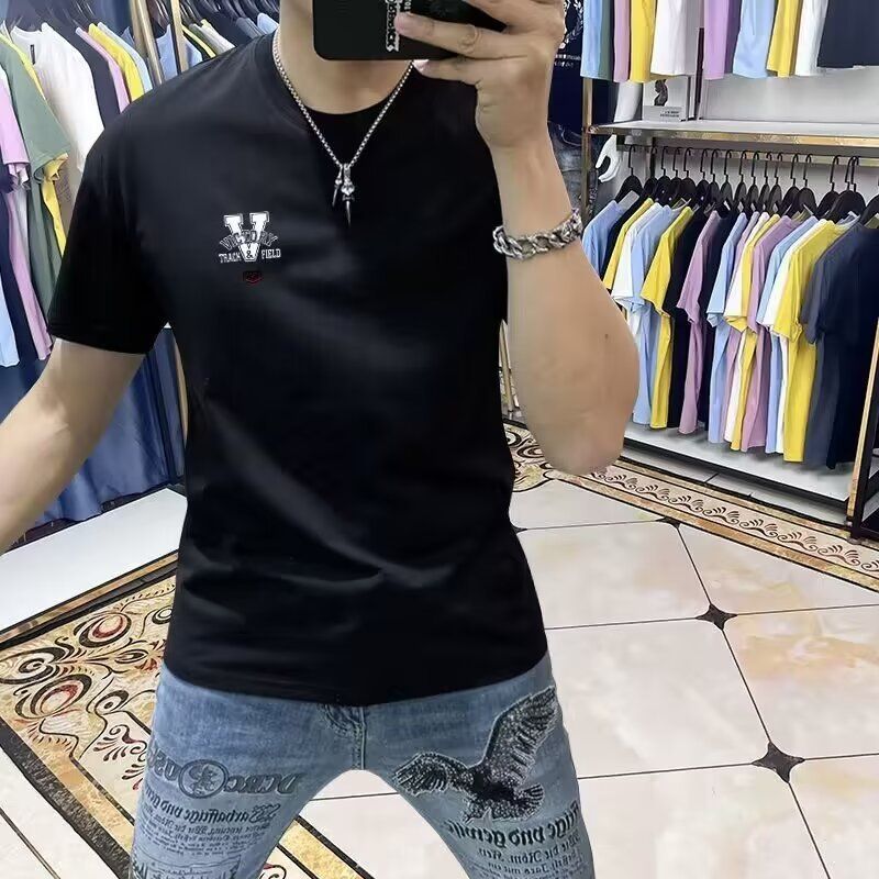 Trendy Men's Pure Cotton Short Sleeved T-shirt 2024 New Summer Letter Slim Fit Versatile Print Quality Round Neck T Casual_voghion.com