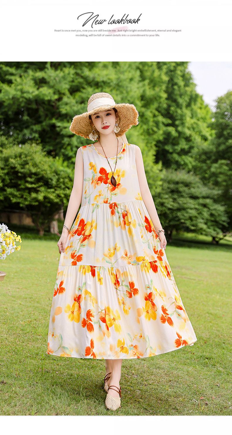 Französischer Stil High-End für Frauen Sommer 2025 Neue lose Plus Size Extra lange Baumwolle Blumenweste Kleid Falten Outfit_voghion.com