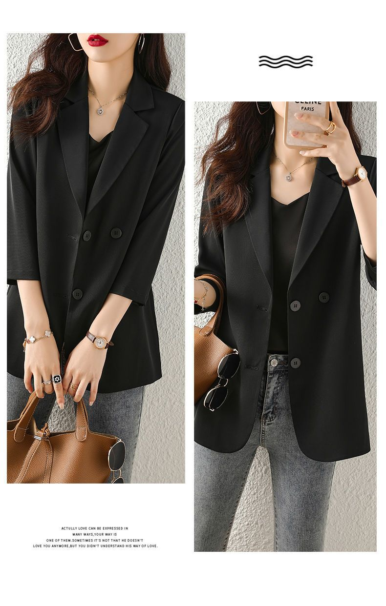 WTEMPO Spring Summer Suit Jacket Women's Fashion Thin Three-Quarter Sleeve Casual Blazer Outerwear Lightweight Split_voghion.com