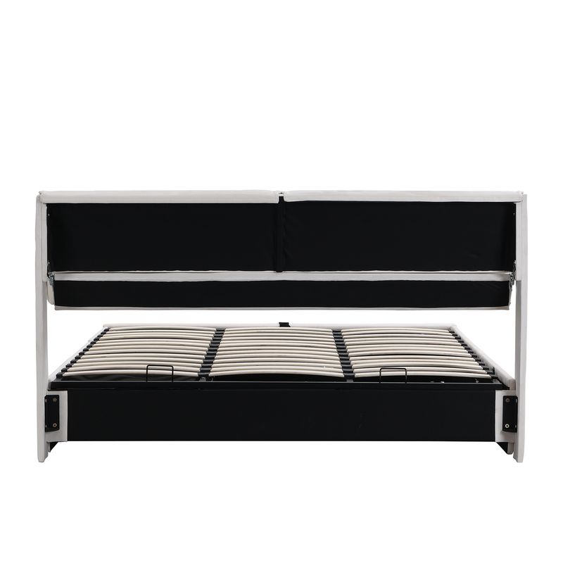 Cadre de lit coffre hydraulique rembourré en velours avec 3 tiroirs, sommier à lattes, beige, 180 x 200 cm, matelas non inclus_voghion.com