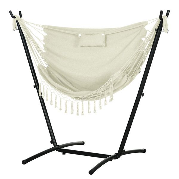 Outdoor Hammock Chair With Stand, Swing Hanging Lounge, Cream White With Side Pocket & Headrest_voghion.com
