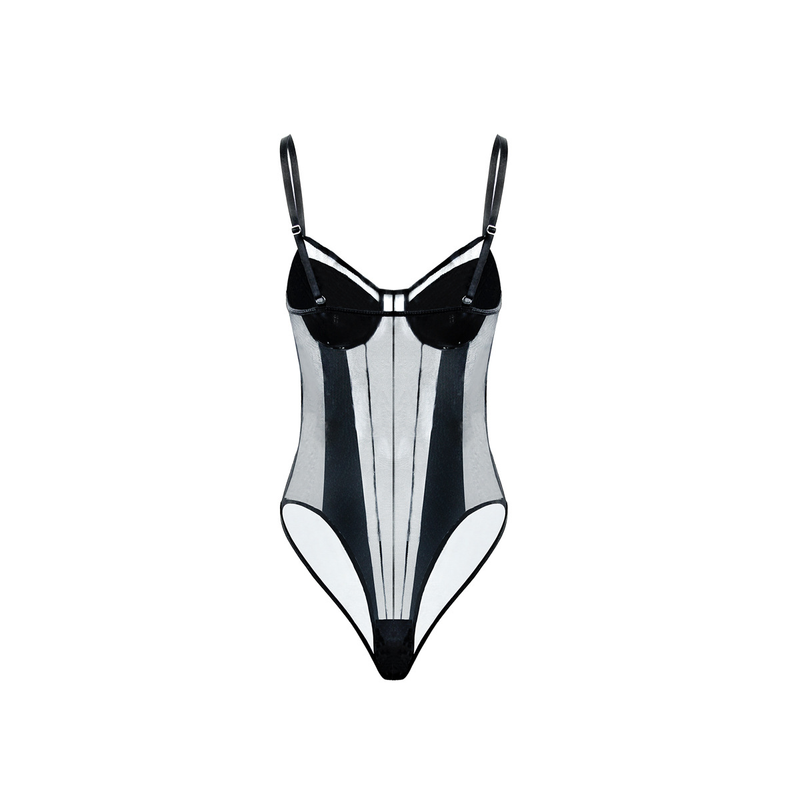 Mono sexy transparente con retazos de malla de encaje sin espalda para mujer_voghion.com