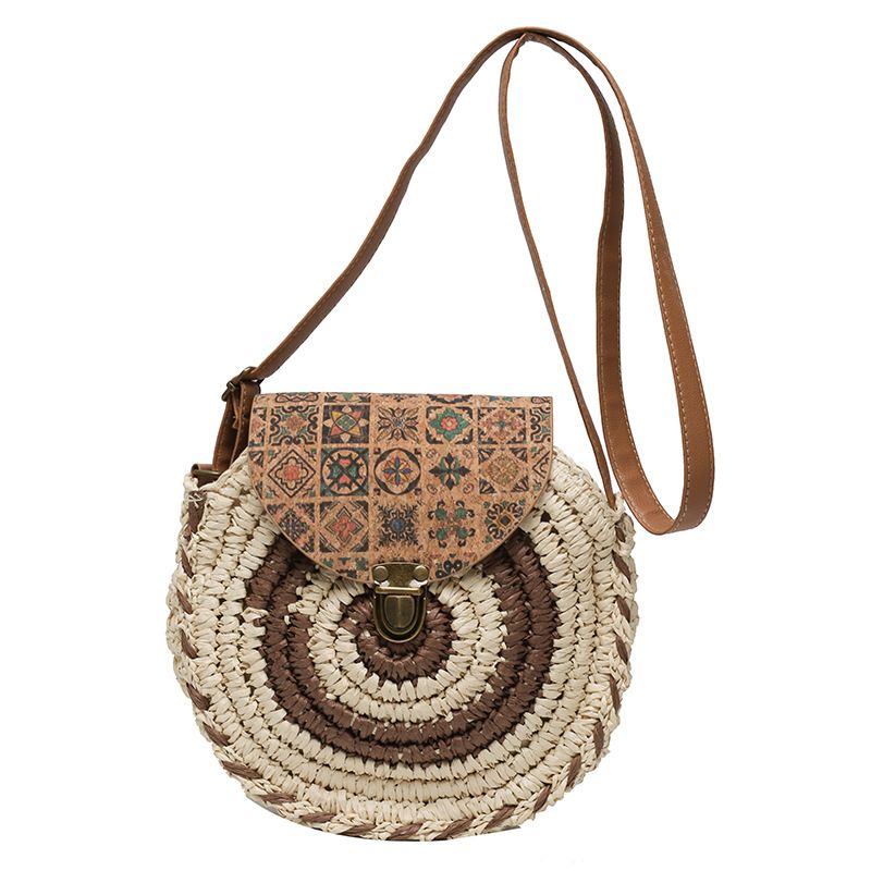 Runde Stroh Strandtasche Vintage handgefertigt gewebt Schultertaschen Bast Kreis Rattan Bohemian Sommer Urlaub Diagonal Pack_voghion.com