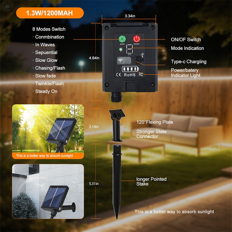 Striscia luminosa al neon solare da 24 V, impermeabile, 8 modalità, 120 LED/m, lampada flessibile, IP68, alta densità, illuminazione per esterni, giardino, feste, bianco caldo_voghion.com
