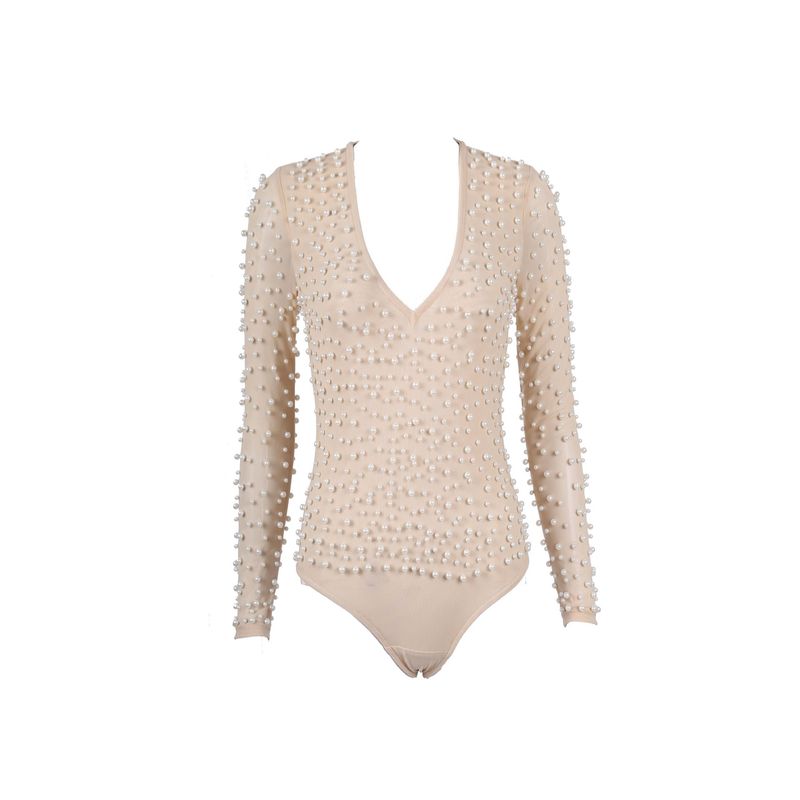 Mono sexy de cuello en V grande con cuentas y elástico alto de color albaricoque, moda europea y americana_voghion.com