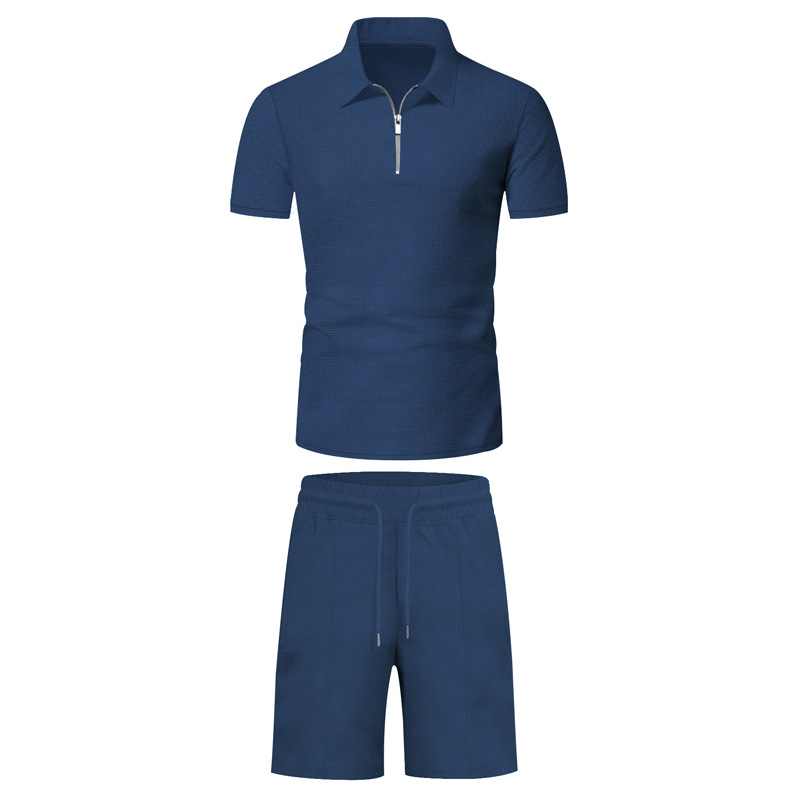 Herreklær Kortermede Shorts Fritidsdress Sommer Vaffel Ensfarget Fritids T-skjorte med Løst Slag Herre_voghion.com