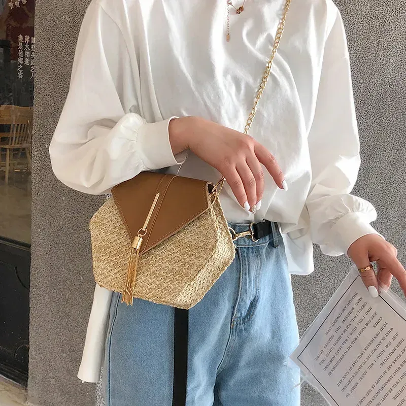 Borsa a mano esagonale in pelle di paglia multi stile da donna, borsa estiva in rattan intrecciata a mano, borsa da spiaggia in stile bohémien, 250314l_voghion.com