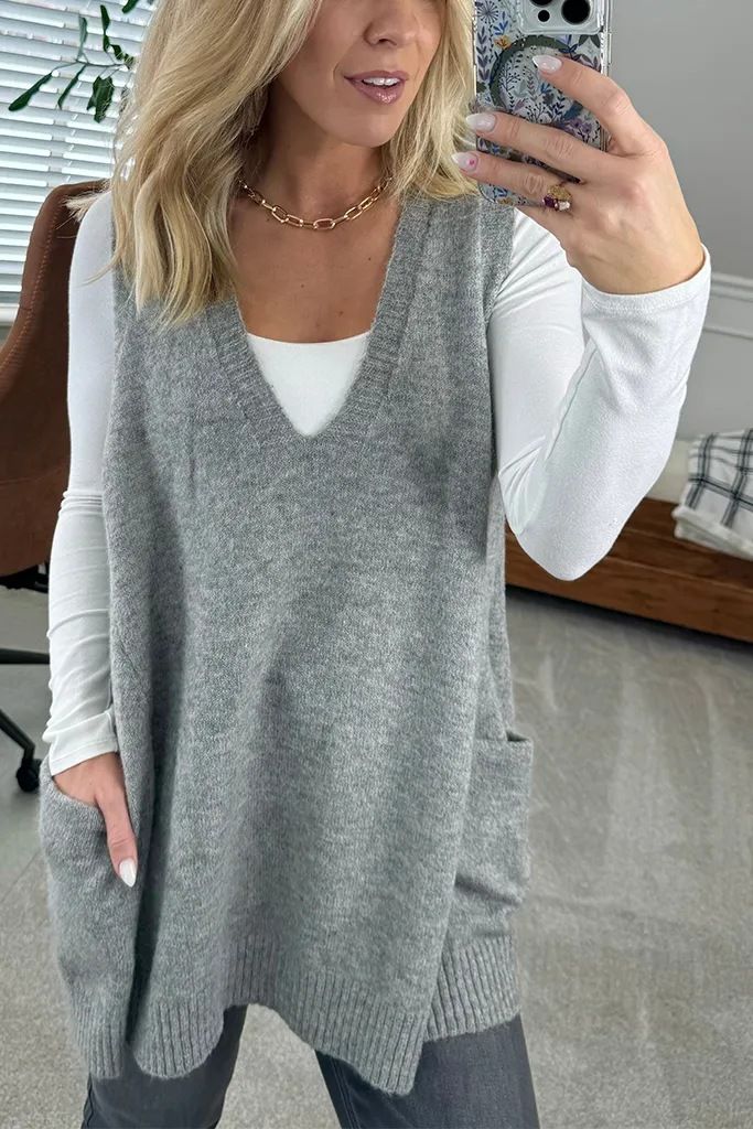 K Einfarbige Strickweste mit V-Ausschnitt und Tasche, ärmelloser Pullover_voghion.com