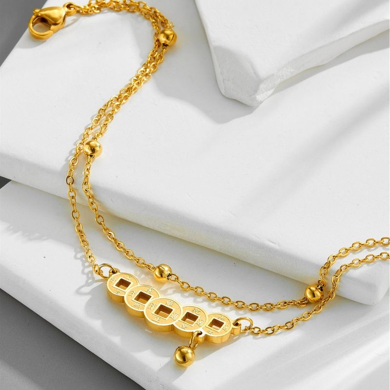 Titanstahl, lichtecht, doppellagige Perlenkette, Fußkettchen mit Kupfermünzen im chinesischen Stil, Dekorationszubehör_voghion.com