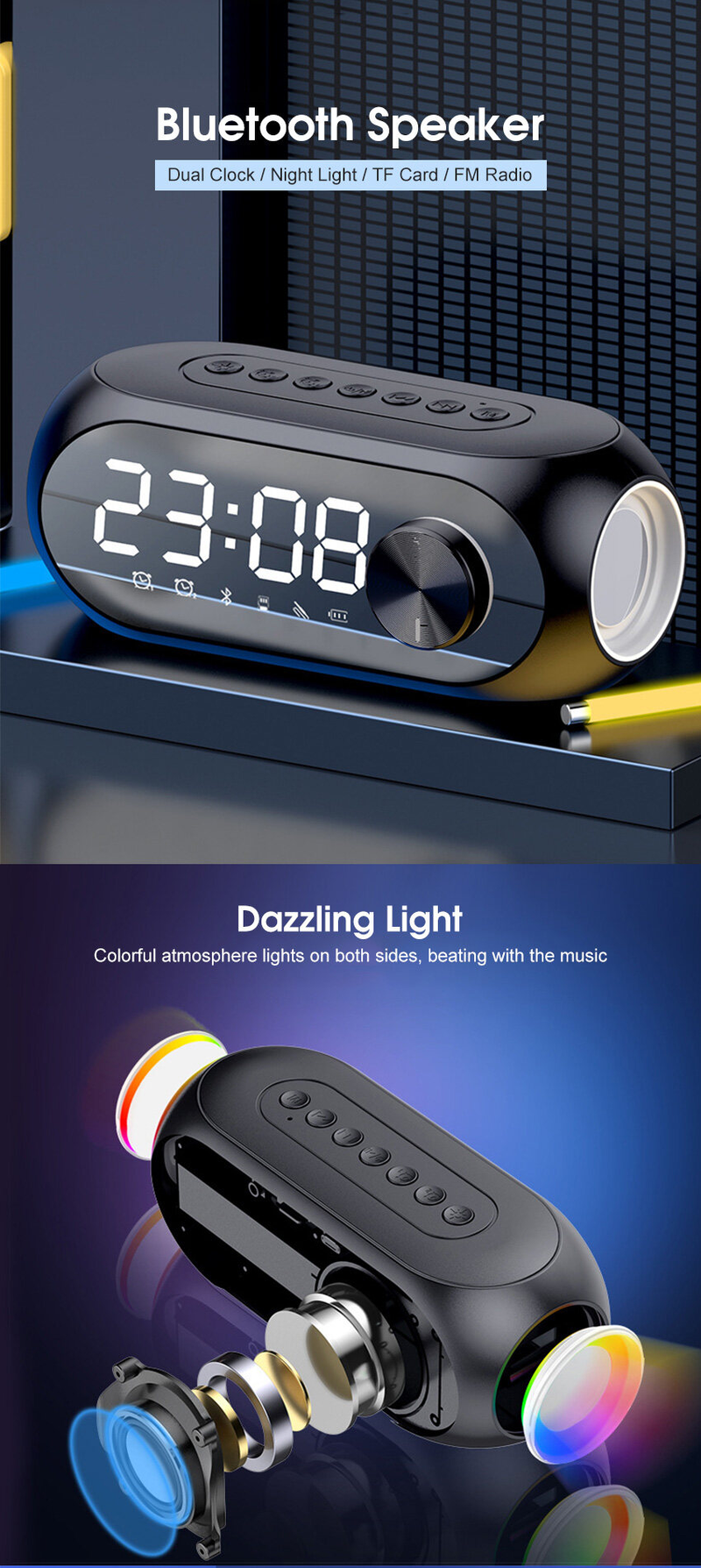 2024 Mirror Bluetooth Speaker Alarm Clock Bluetooth Speaker Digital Display Radio LED Wireless Subwoofer Music Player Table Clock Multifunction Bluet_voghion.com