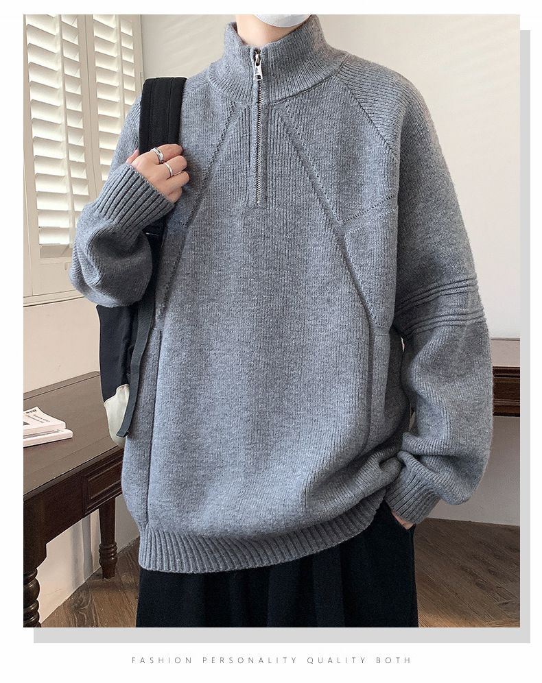 Men's Half-Turtleneck Zip-Up Sweater, Winter Knit Pullover With Stylish Design, Soft Comfortable Loose Fit Casual Wear Pure Color Stretchable Fabric_voghion.com