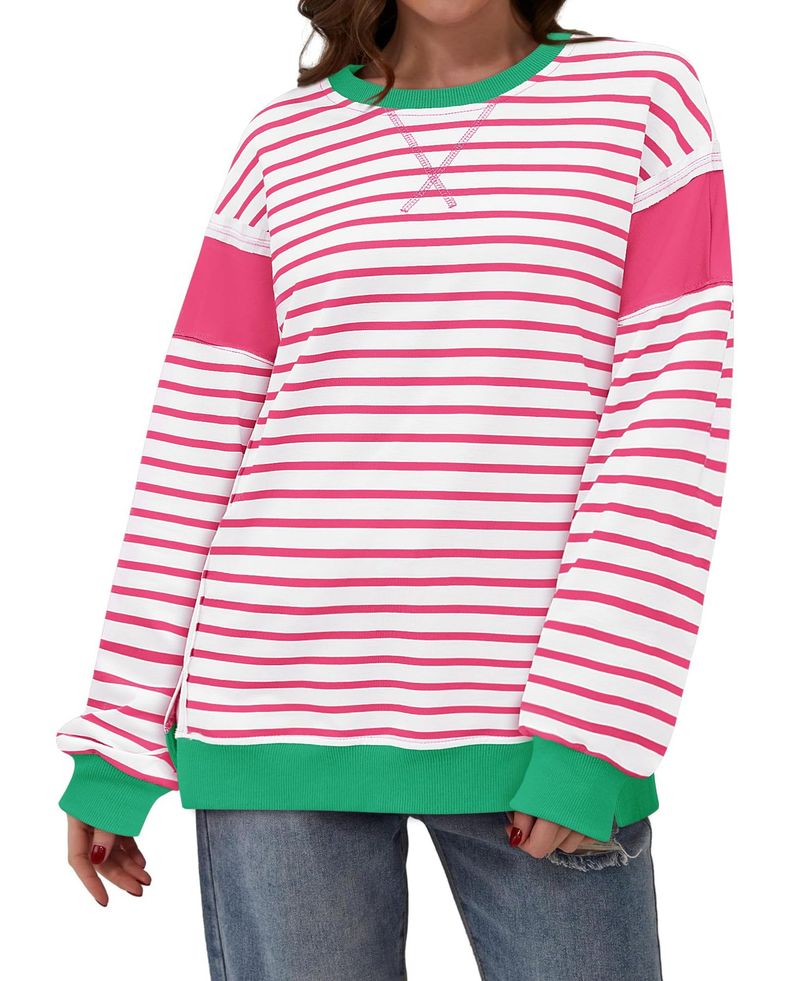 T-shirt a maniche lunghe da donna con righe a contrasto di colore - Felpa girocollo con motivo stampato_voghion.com