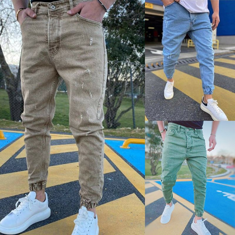 Jeans casual strappati tinta unita da uomo_voghion.com