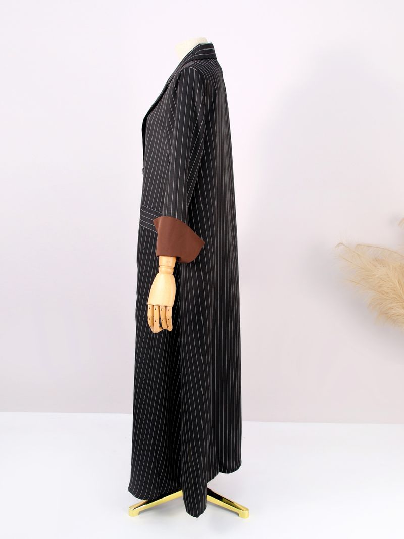 Damenbekleidung Elegantes gestreiftes Abaya-Kleid – schlichter langärmliger Kaftan mit Knopfleiste vorne für Arbeit und Reisen_voghion.com