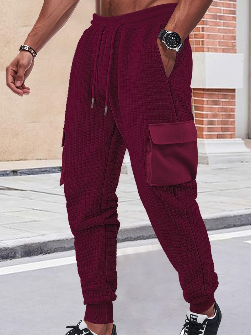 Men's Spring And Autumn New Thickened Multi-Pocket Jacquard Checkered Casual Cargo Pants_voghion.com
