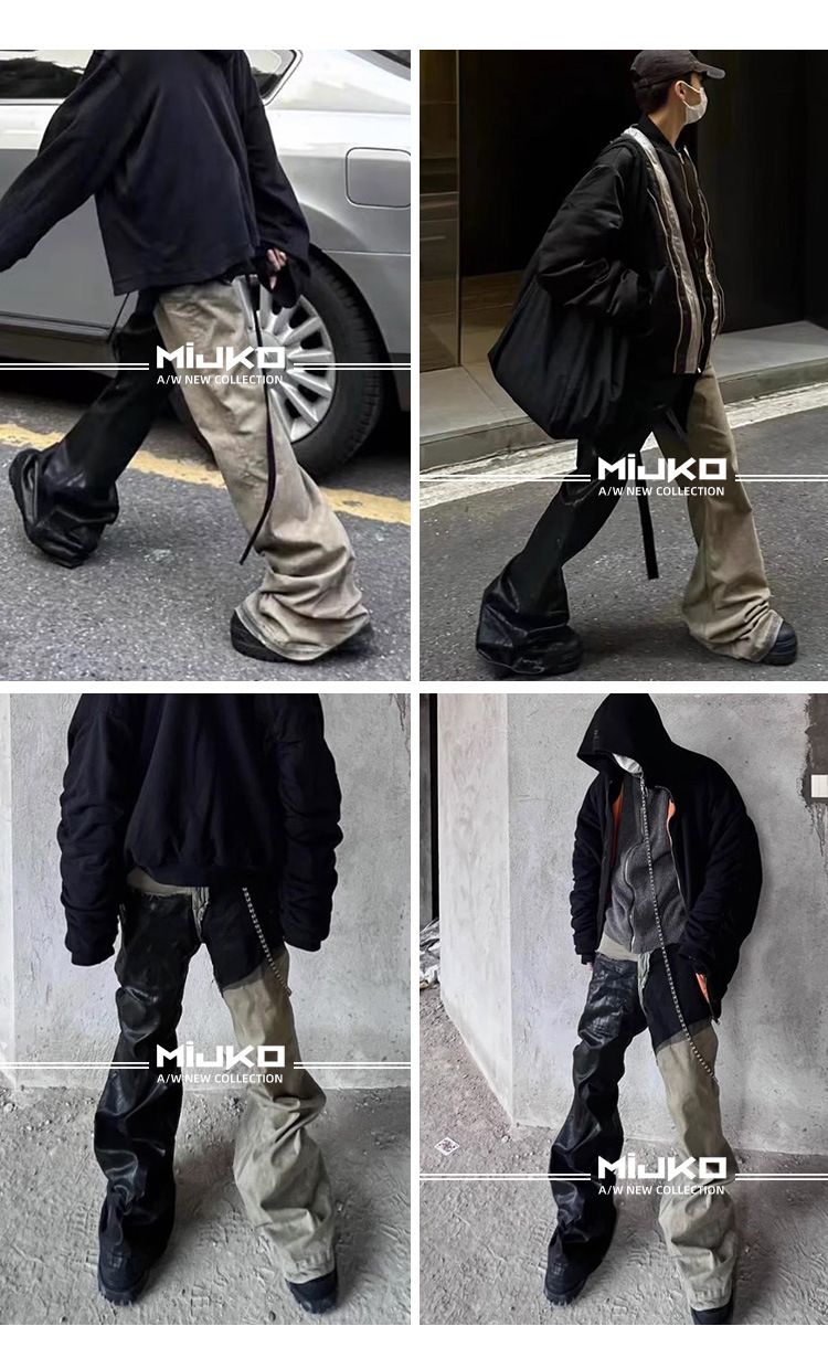 Calças de cera micro-flare revestidas com emendas estilo RO urbano para homens e mulheres, jeans pesados e modernos do mesmo estilo_voghion.com