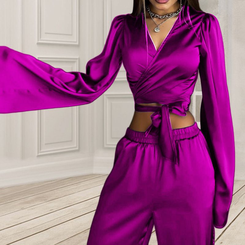 Autumn solid color long-sleeved tops straight trousers casual suit two-piece set_voghion.com
