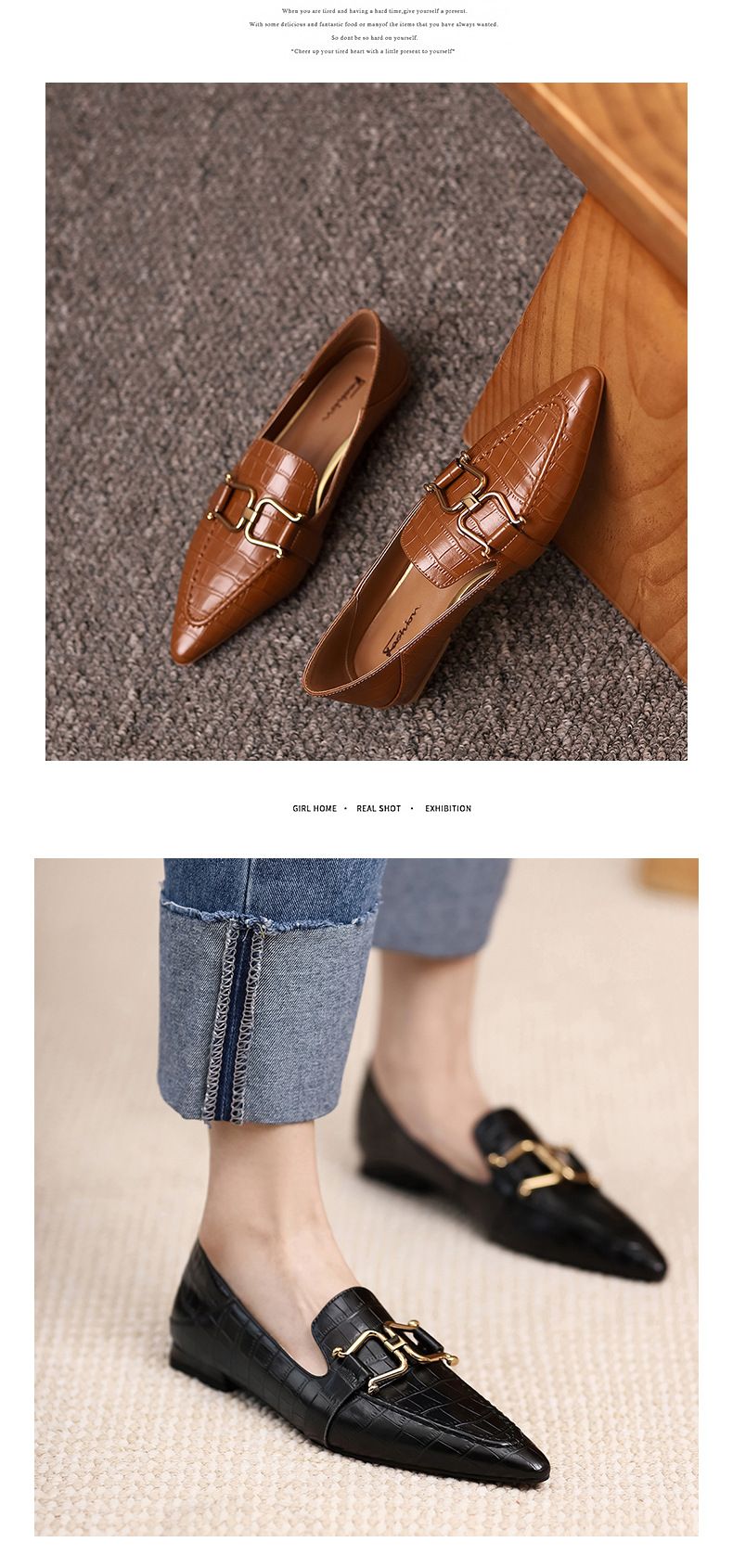 echte Loafer mit spitzen Metallschnallen, flache Unterseite, kleiner Absatz, mittlerer Mund, weiches Leder, Single_voghion.com