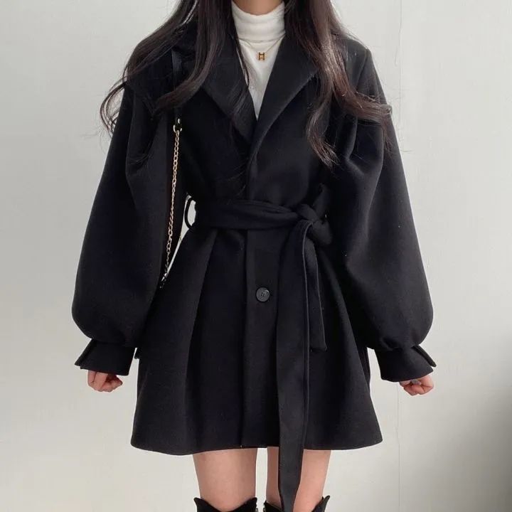Women's Chic Oversized Wool Coat With Notched Lapel - Mid-Length Trench Coat For Petite & Tall - Fall Winter Fashion Blazer Jacket In Black & Beige_voghion.com