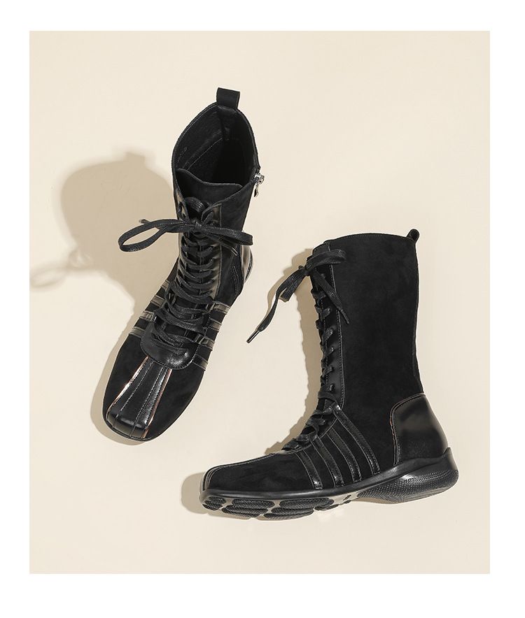 Koreaanse nieuwe retro ridder korte laarzen dames 2025 herfst en winter laarzen veter western laarzen niche platte zool kleur bijpassende korte laarzen_voghion.com