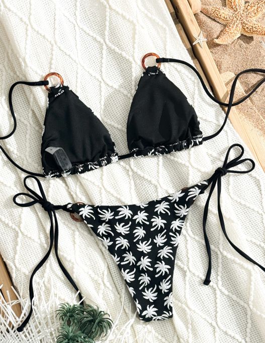 Women's Clothing Split Swimsuit Women's Sexy Drawstring Bikini Maple Leaf Print Swimsuit Women_voghion.com