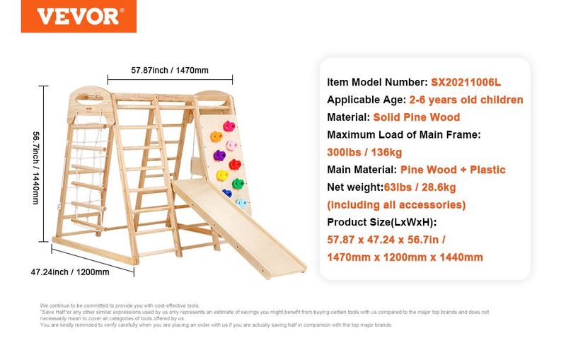 VEVOR Indoor Jungle Gym, 7-in-1 Toddler Indoor Playground, Wooden Toddler Climbing Toys Indoor With Wood & Rope Ladder, Net Ladder, Swing, Monkey Bar, Slide, Climbing Wall, 47.2 X 58 X 56in_voghion.com