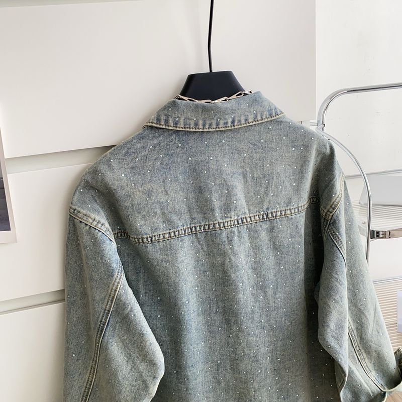 Damenbekleidung Jeansjacke Lockere Freizeitjacke Vintage Bestickte Jeansjacke Damen Langarm Distressed Freizeitmantel mit Strassdetails_voghion.com
