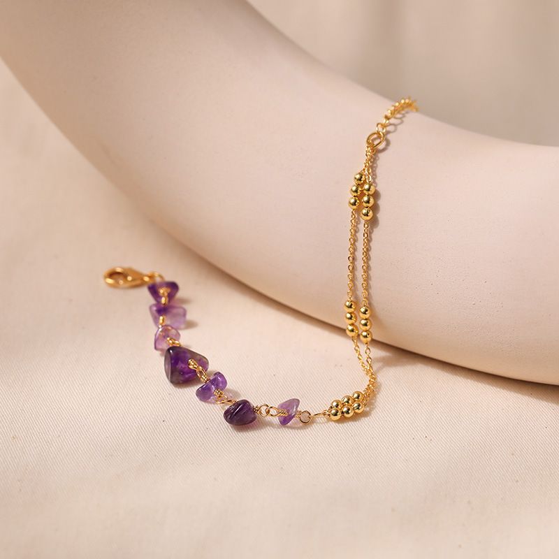Contas de sorte com design de emenda de cascalho de cristal natural roxo corrente de bola K pulseira banhada a ouro real_voghion.com