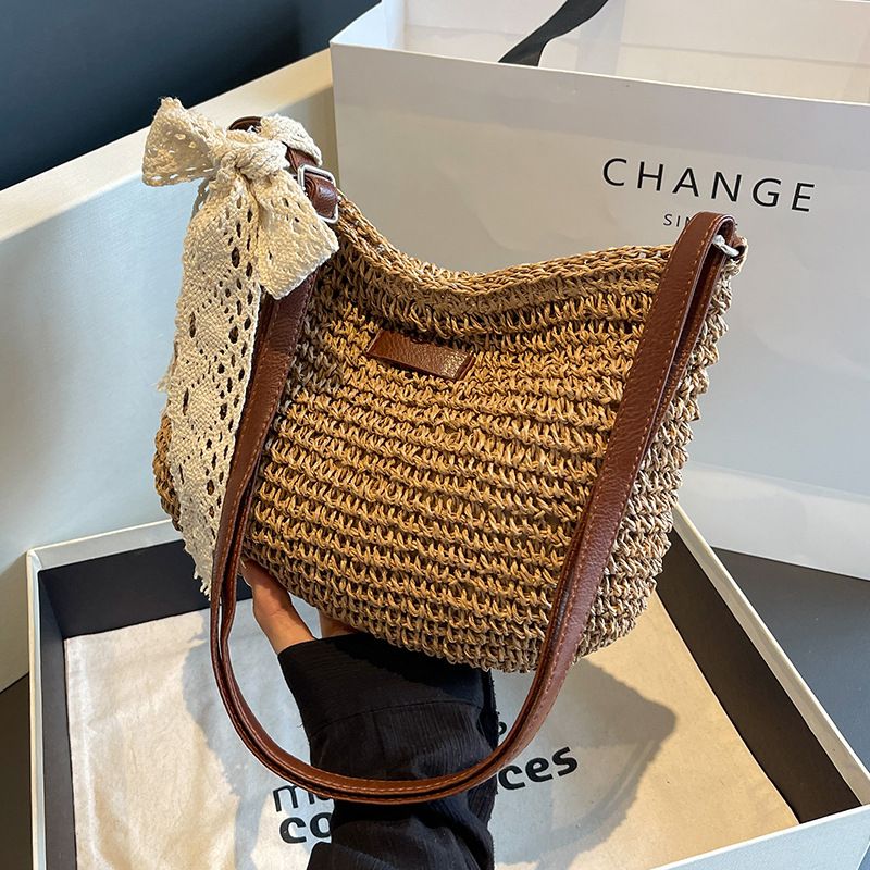 Vintage Frauen gewebte Schulter einfarbig Spitze Band Tote Handb Wicker Boho Stroh Tasche für Sommer Strand Griff Beige_voghion.com