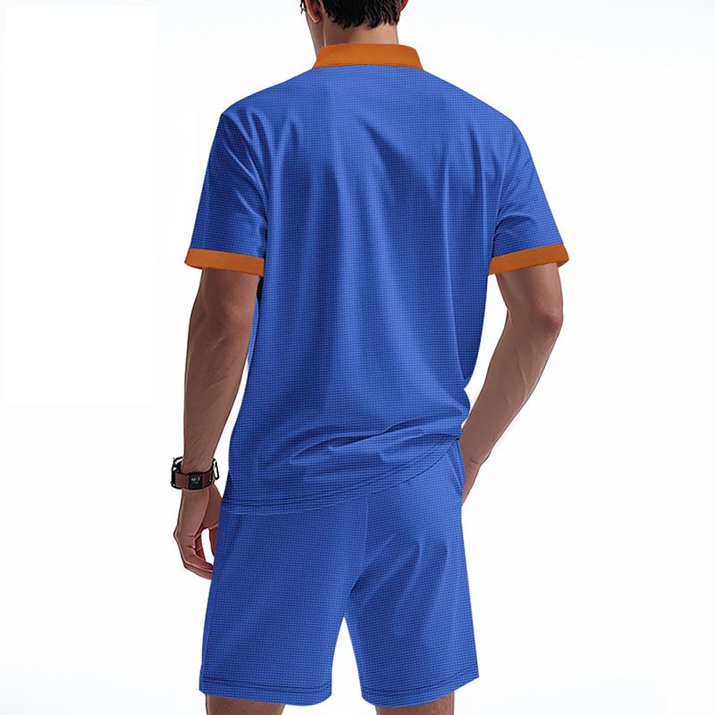 Cross-border Independent Station American Summer Casual Men's Tether Loose Henry Western Denim Waffle Short Sleeve Suit_voghion.com