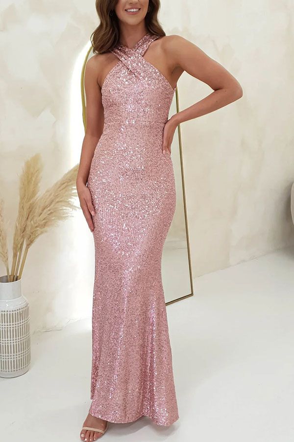 Sexy rückenfreies ärmelloses langes Abendkleid mit Pailletten für Damen_voghion.com