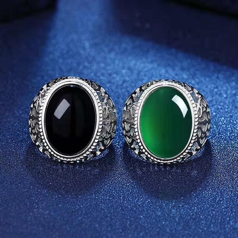 Copper Plated White Gold Ring For Men, Adjustable Opening, Green Chalcedony Black Agate Ring, Men's_voghion.com