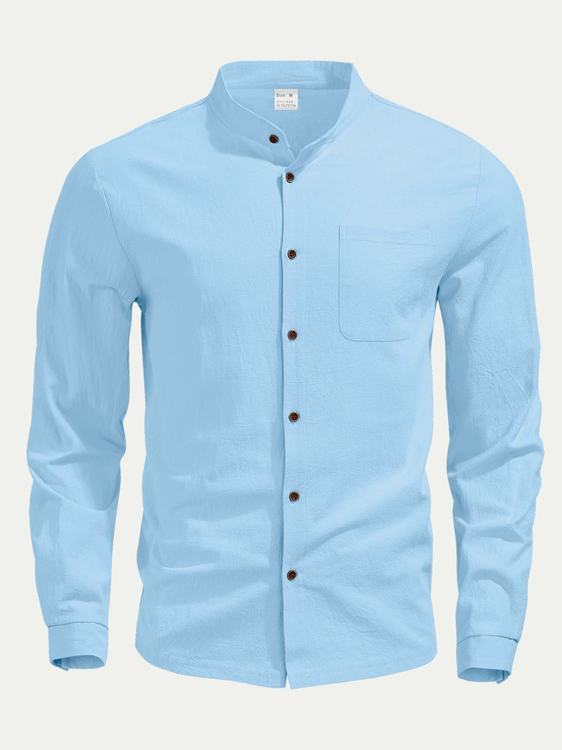 Camicia casual a maniche lunghe in lino traspirante con colletto alla coreana, stile hawaiano, da uomo_voghion.com