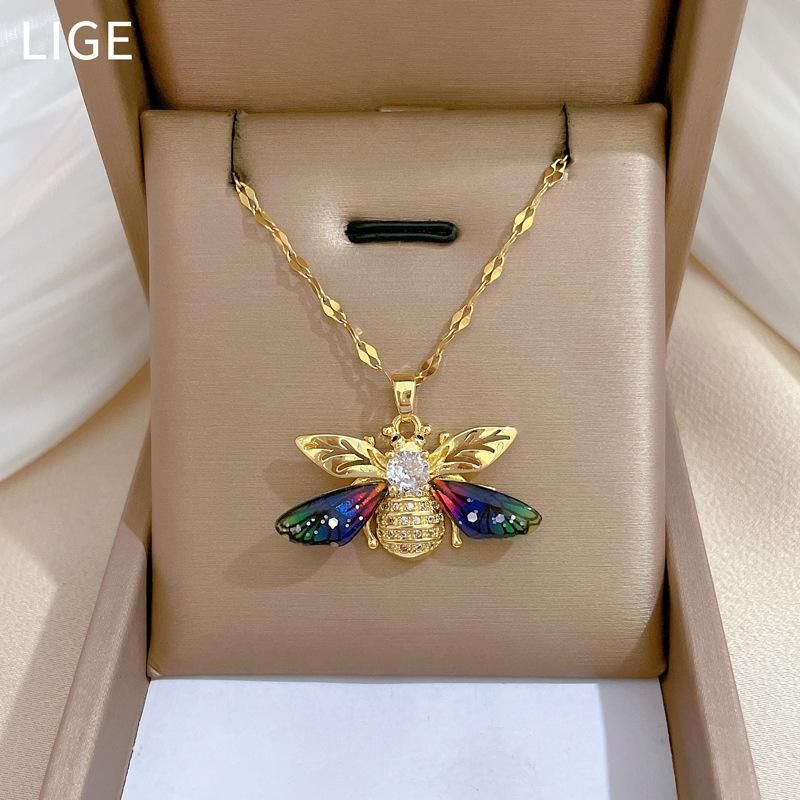 Collane con ciondolo a forma di ape colorata in zircone per donne e ragazze in acciaio inossidabile, accessori per gioielli romantici alla moda, regali_voghion.com