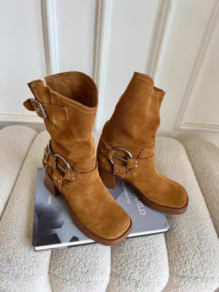 Matte Cowhide Western Cowboy Women's Genuine Leather Thick Heeled Short Boots, Square Toe Brown High Heels,_voghion.com