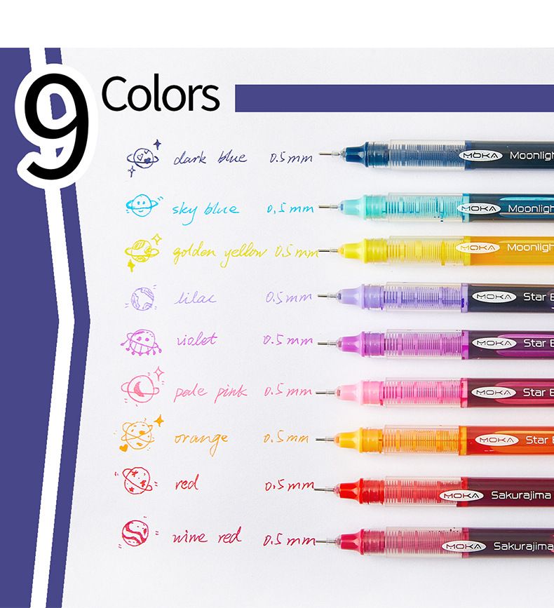 Stylos roller à encre gel liquide Moka à pointe fine de 0,5 mm – Lot de 9 couleurs vives pour la prise de notes, les croquis et les projets artistiques_voghion.com