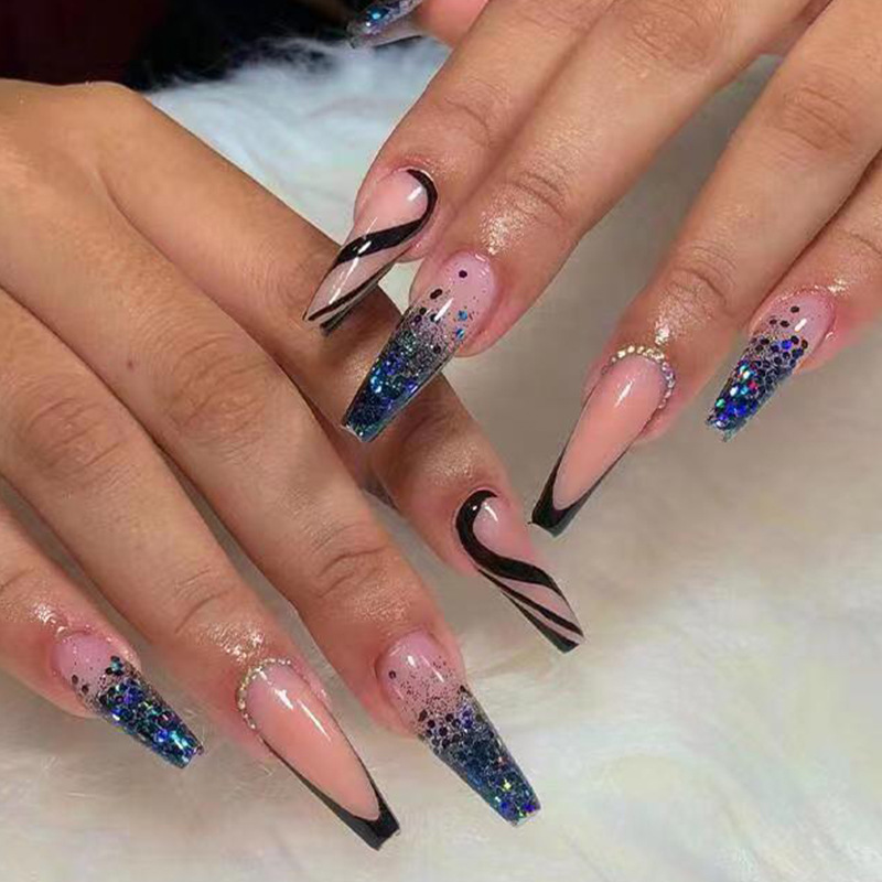 Langes 24-teiliges Set mit französischen Ballettnägeln zum Aufdrücken langer künstlicher Nägel mit rosa Strasssteinen, tragbare Sargnägel mit Strasssteinen_voghion.com