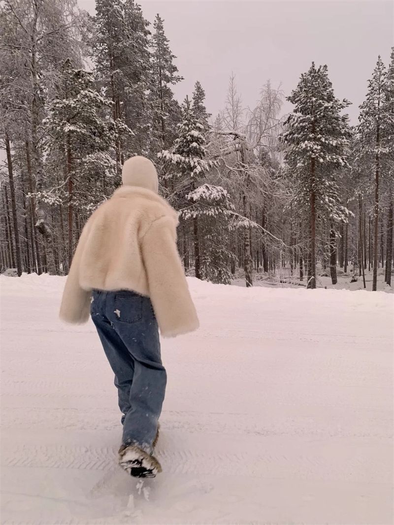 Casaco feminino de pele sintética com gola curta e pele de raposa, estilo coreano, moda inverno, blusa de pelúcia ecológica (café, branco com pontas douradas)_voghion.com