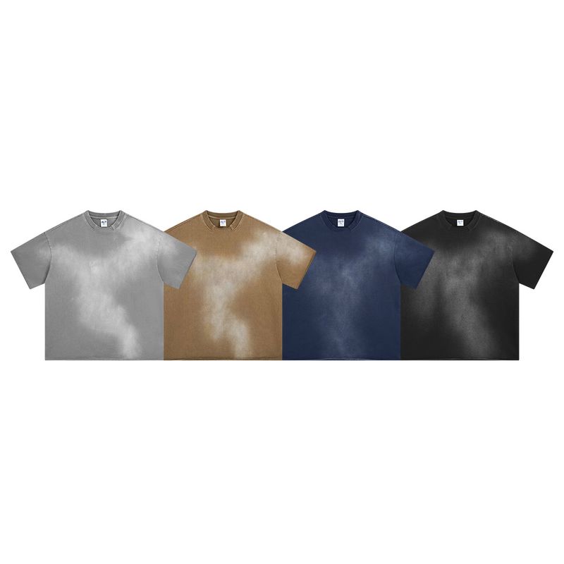 Amerikaanse stijl Gebroken kraag Losse rand Spray Dye Oud Retro Waswater Korte mouwen T-shirt Heren_voghion.com